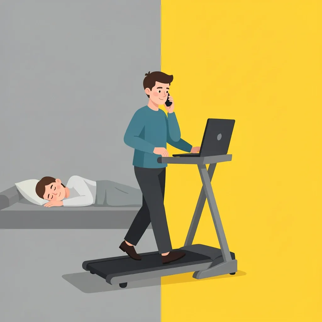 Productivity Gain with Walking Pad Person walking on a treadmill pad while working on a laptop, with a split background showing increased energy on one side and drowsiness on the other.