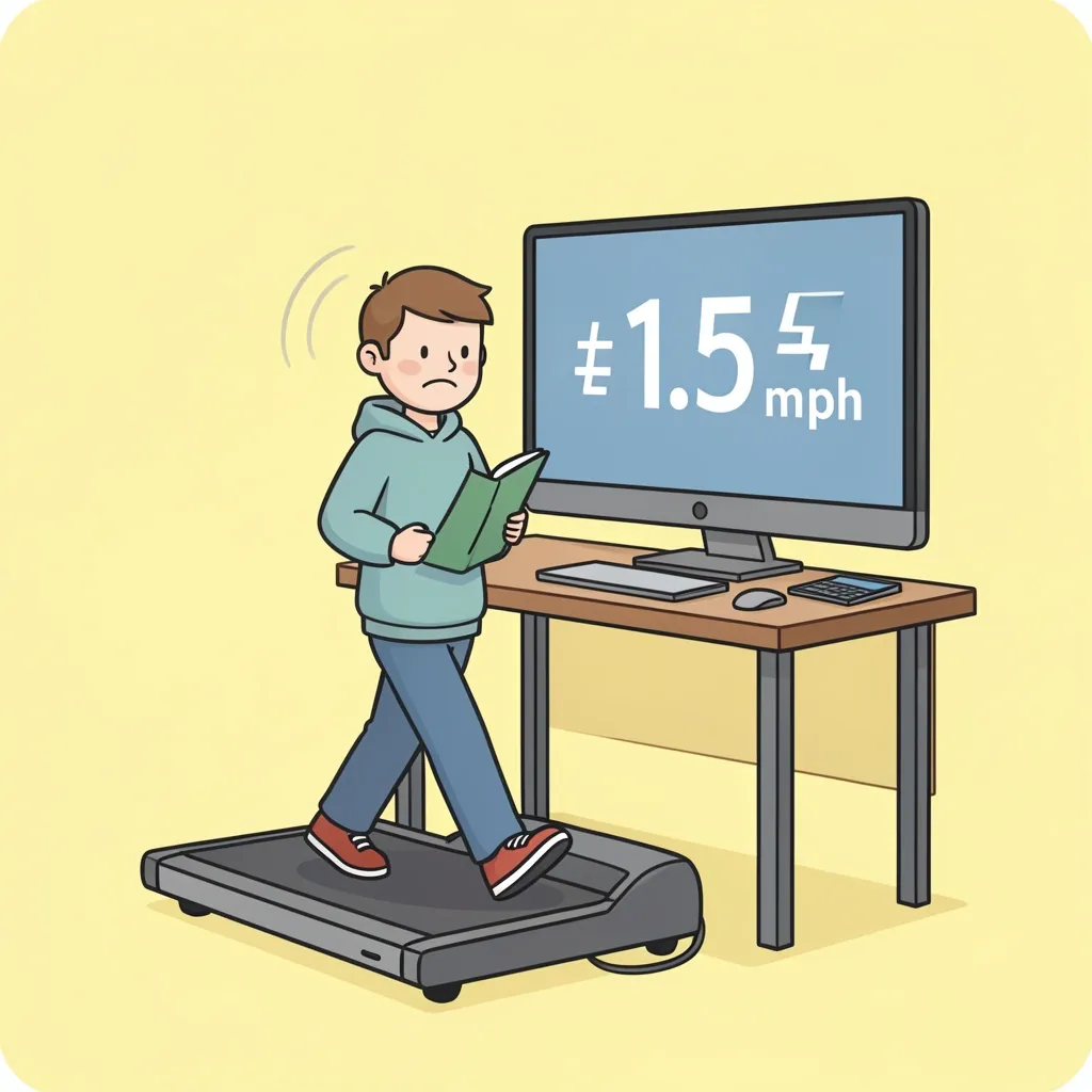 Optimal Walking for Reading and Research Person walking slowly while reading on a large monitor, with a subtle dizzy indicator, showing the right speed and setup for reading.