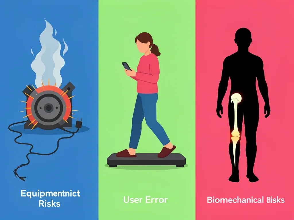 Three categories of walking pad risks: equipment overheating, user distracted walking, and biomechanical joint stress.