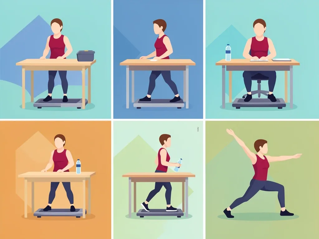 Step-by-step illustration of safe walking pad use: adjusting desk height, walking with correct posture, hydrating, and stretching.