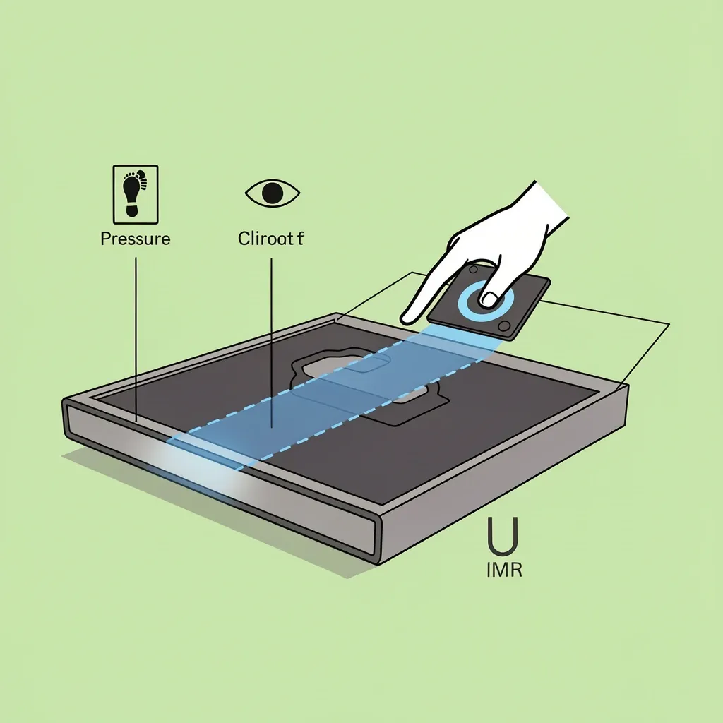 Walking pad safety sensor types explained Vector illustration comparing three safety sensor types on a walking pad: pressure mat, magnetic clip, and infrared beam