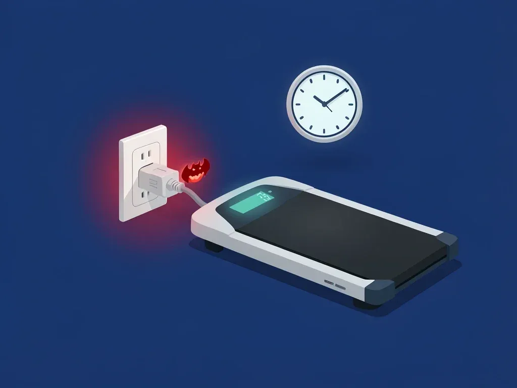 Hidden Standby Power Cost Conceptual illustration of a walking pad in standby mode with vampire and clock symbols indicating wasted electricity