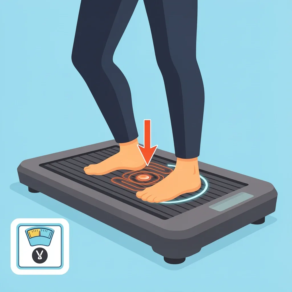 Walking pad weight sensor and overload illustration 2D illustration of a person standing on a walking pad with an arrow pointing to the pressure sensor under the foot and a weight limit scale icon