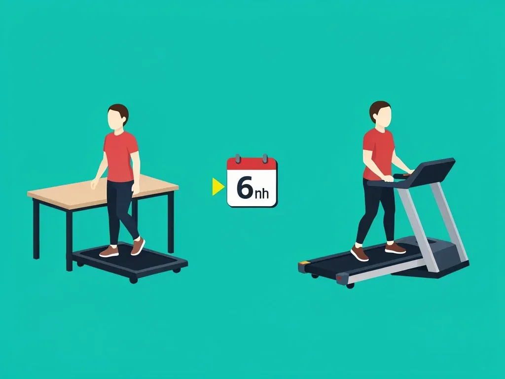 A timeline showing a person using a walking pad under a desk initially, then upgrading to a treadmill in a home gym after six months