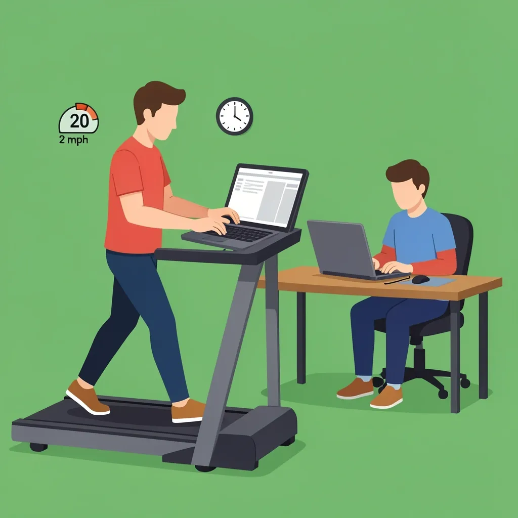 Walking Pad Usage for Typing and Coding Two characters: one walking and typing on a laptop with speed and time icons, another sitting and coding without distraction.