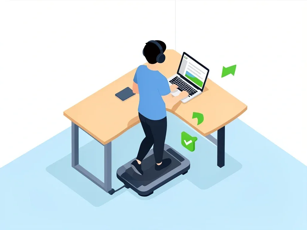 Person using walking pad under standing desk while working on laptop