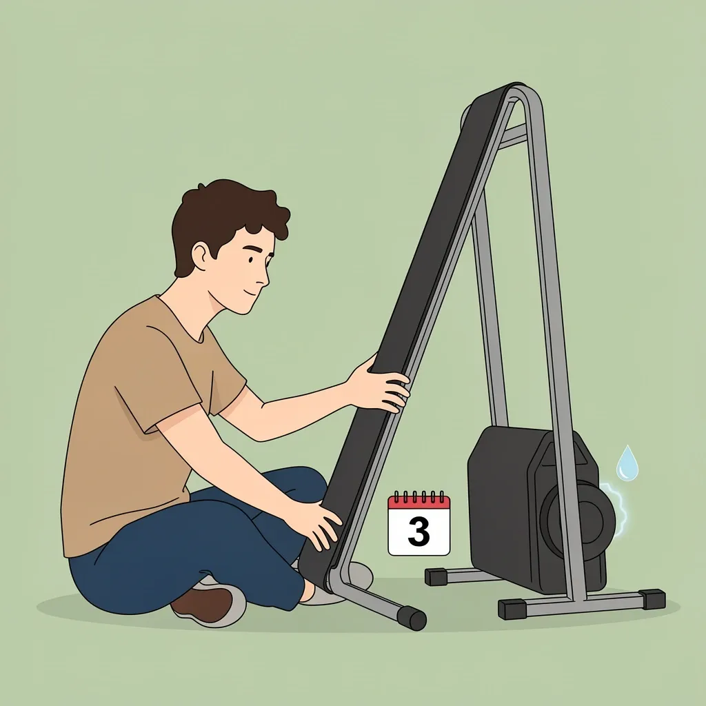 Maintaining Walking Pad During Upright Storage A person rotating the walking belt of an upright walking pad to maintain tension, with calendar and oil drop icons indicating storage duration limits.