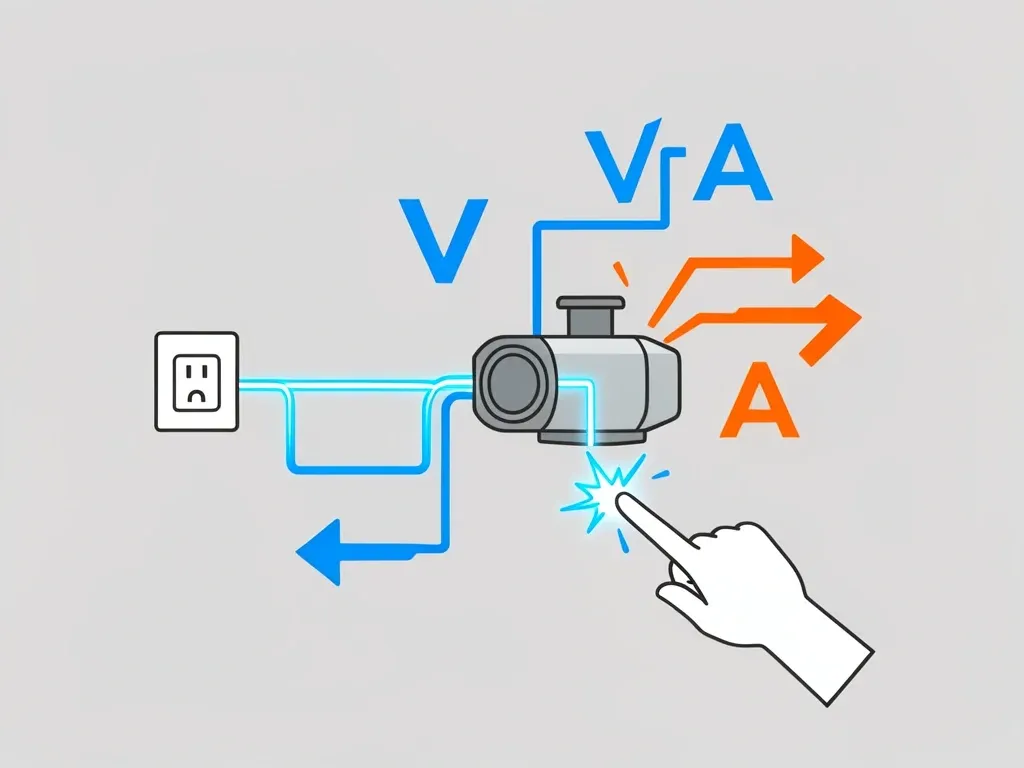 Voltage and Amperage Flow in Walking Pad Motor Abstract illustration showing electrical current flow from wall outlet to walking pad motor with startup surge