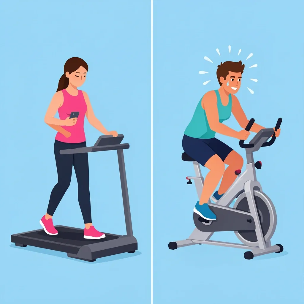 Walking Pad vs Exercise Bike Workout Feel Comparison of a person walking on a walking pad and a person cycling on an exercise bike