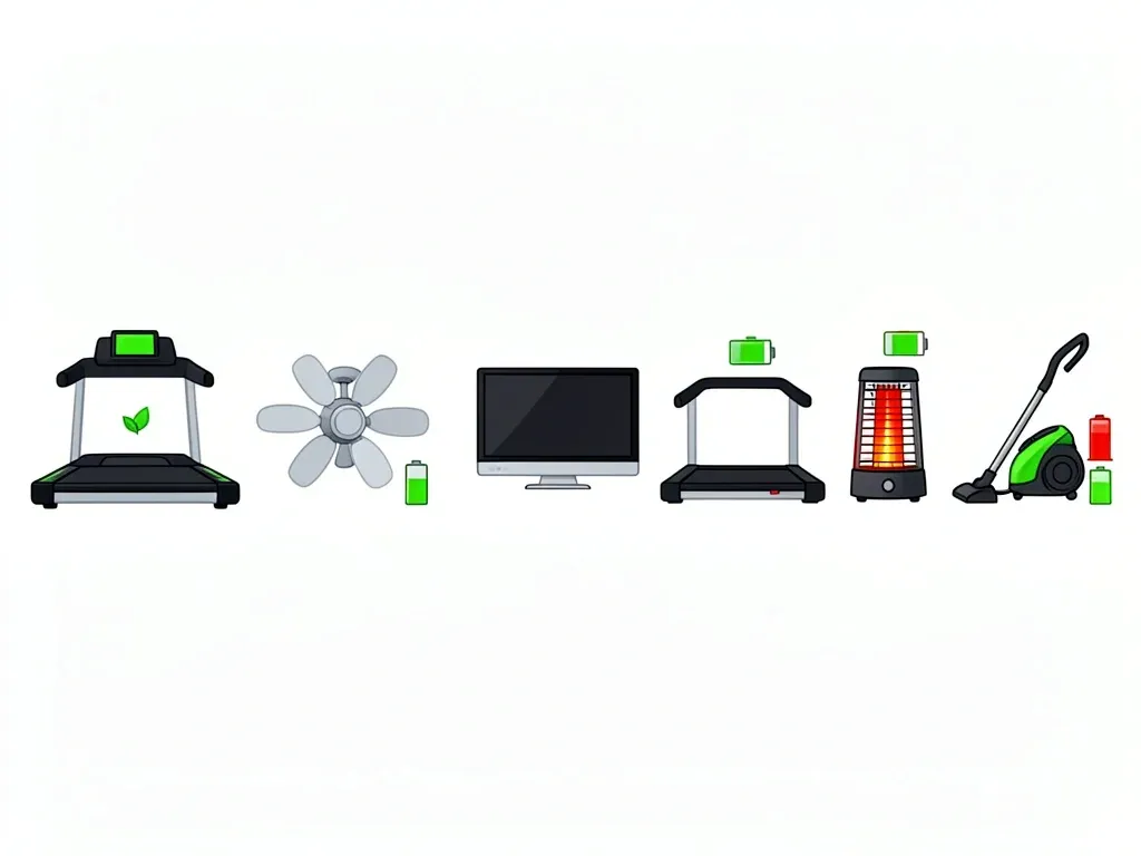 Walking Pad Energy Comparison Visual comparison of energy use between a walking pad and common household appliances using color-coded battery icons