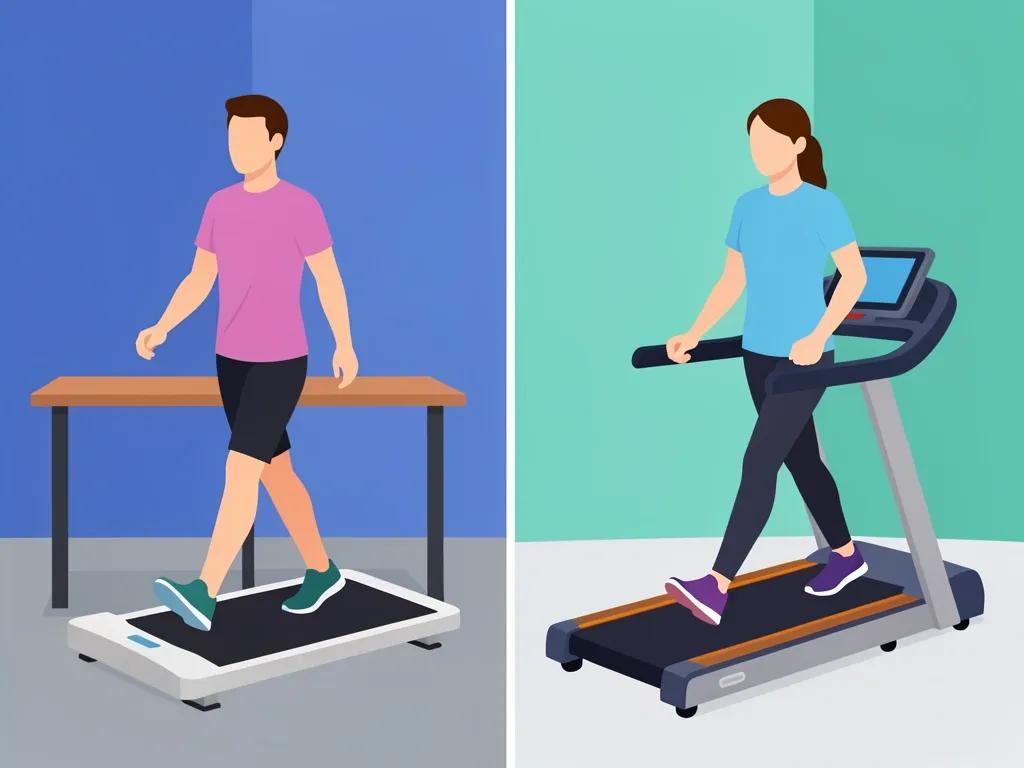 Comparison of a walking pad under a desk and a treadmill with handles, showing differences in design and stride length.