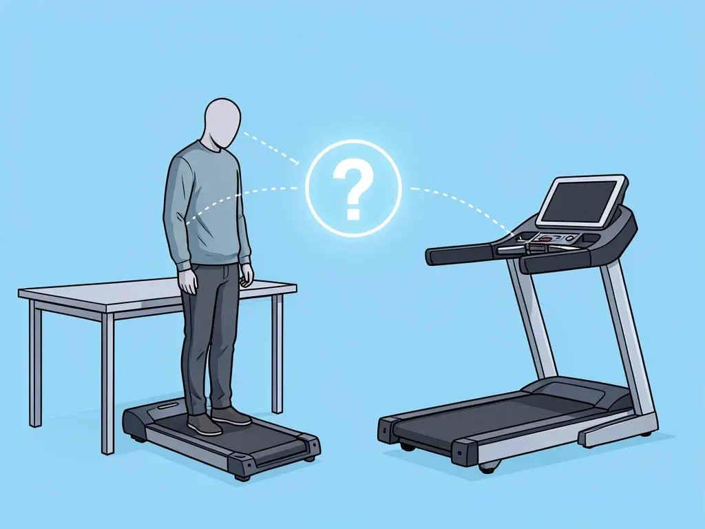A person deciding between a walking pad under a desk and a treadmill, with a question mark symbolizing the choice