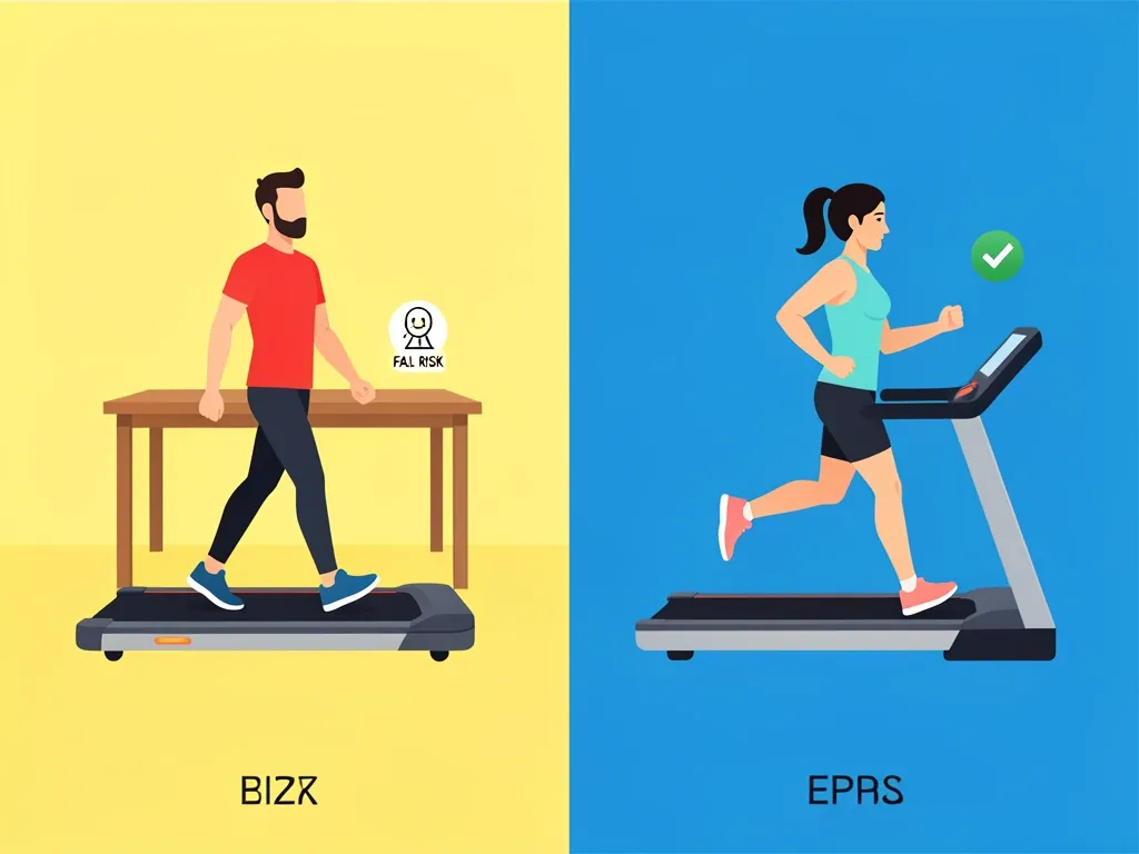 Comparison illustration of walking pad and treadmill safety: walking pad has higher fall risk, treadmill has more stability with handles.