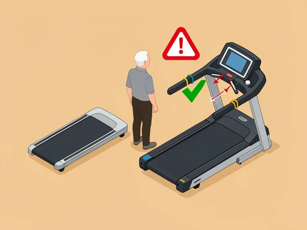 Walking Pad vs Treadmill Feature Comparison Isometric comparison of a walking pad and a treadmill with handrail features highlighted for seniors