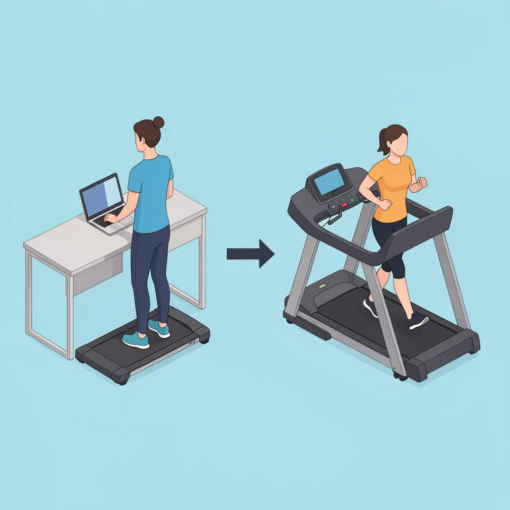 Walking Pad vs Treadmill Comparison Side-by-side comparison of a compact walking pad under a desk and a larger treadmill with incline, showing size and feature differences