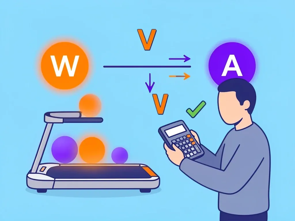 Simple Math for Extension Cord Gauge Selection Visual formula showing wattage divided by voltage equals amperage for walking pad cord selection