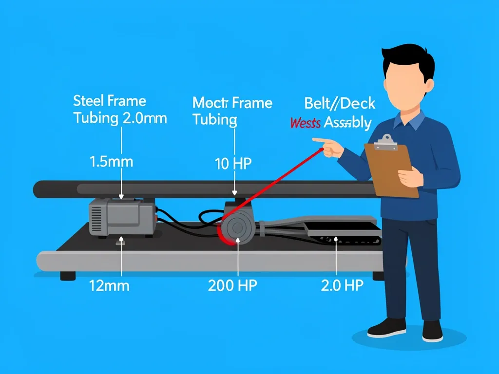 Walking Pad Components Determining Weight Limit Cross-section diagram of walking pad showing frame thickness, motor horsepower, and deck thickness components determining weight capacity