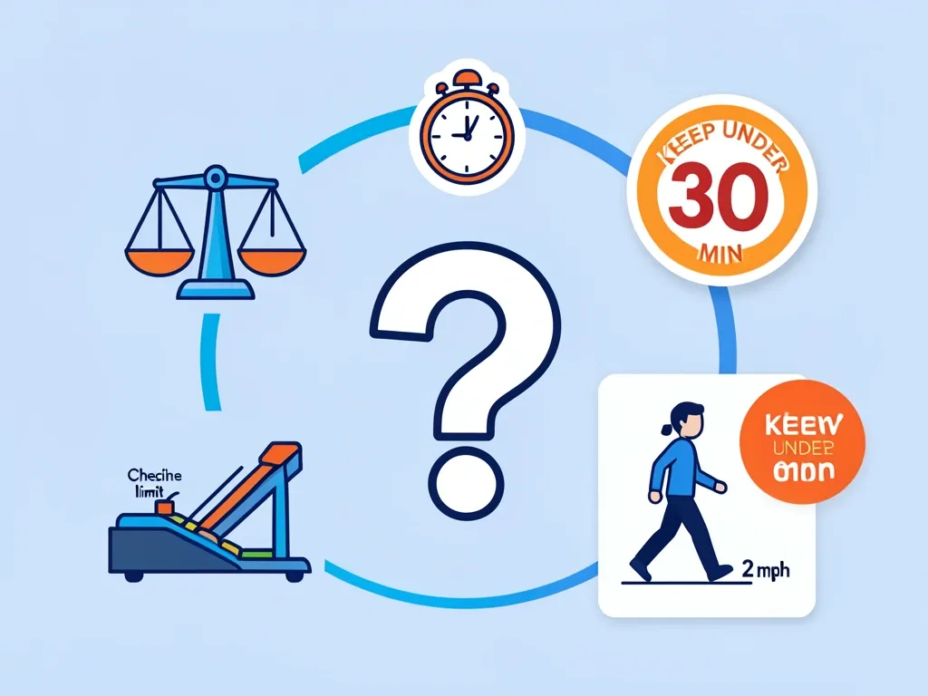 Frequently Asked Questions About Walking Pad Weight Limits FAQ illustration showing three common questions: using a walking pad slightly over weight limit, incline weight limits, and safe usage tips