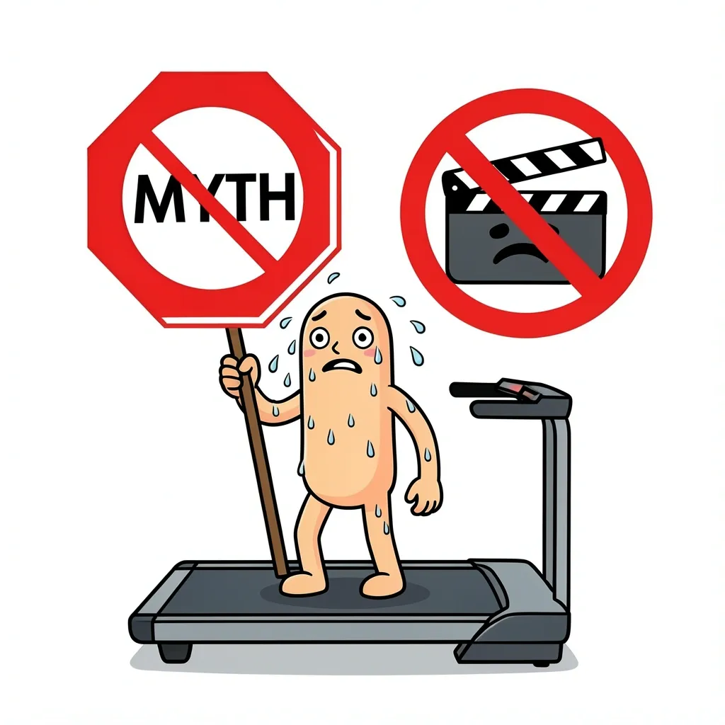Weight Loss Myth About Walking Pads Sweating character on walking pad with a stop sign over a scale icon, representing the myth of walking all day for weight loss.