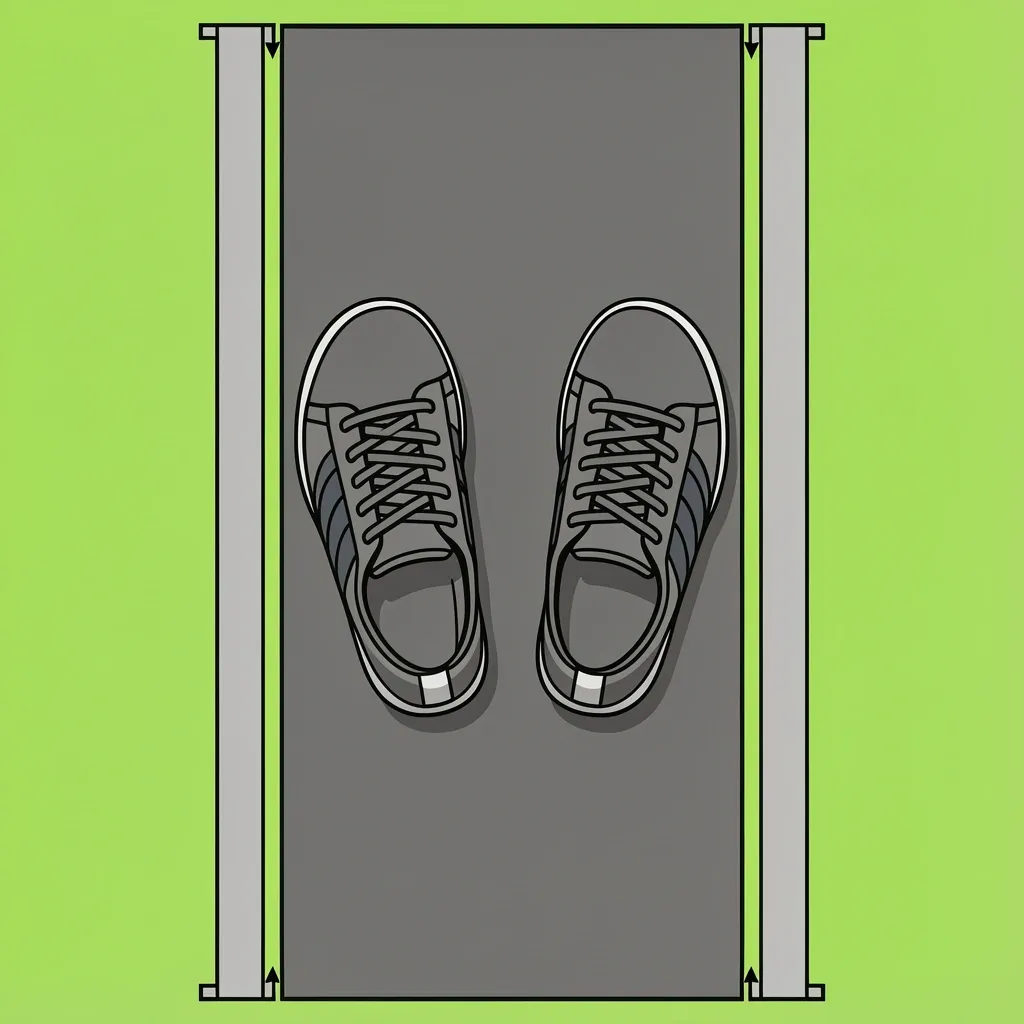Walking pad width constraint for wider gaits Top-down view of feet on a narrow walking pad belt with toes touching the side edges, arrows indicating width constraint.