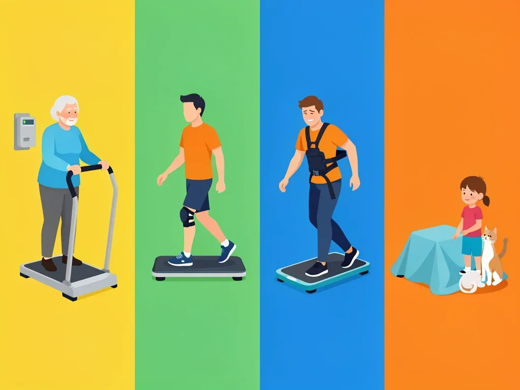 Four groups of people using walking pads: senior with handlebar, person with knee brace, person with back pain, and child with pet near a covered pad.
