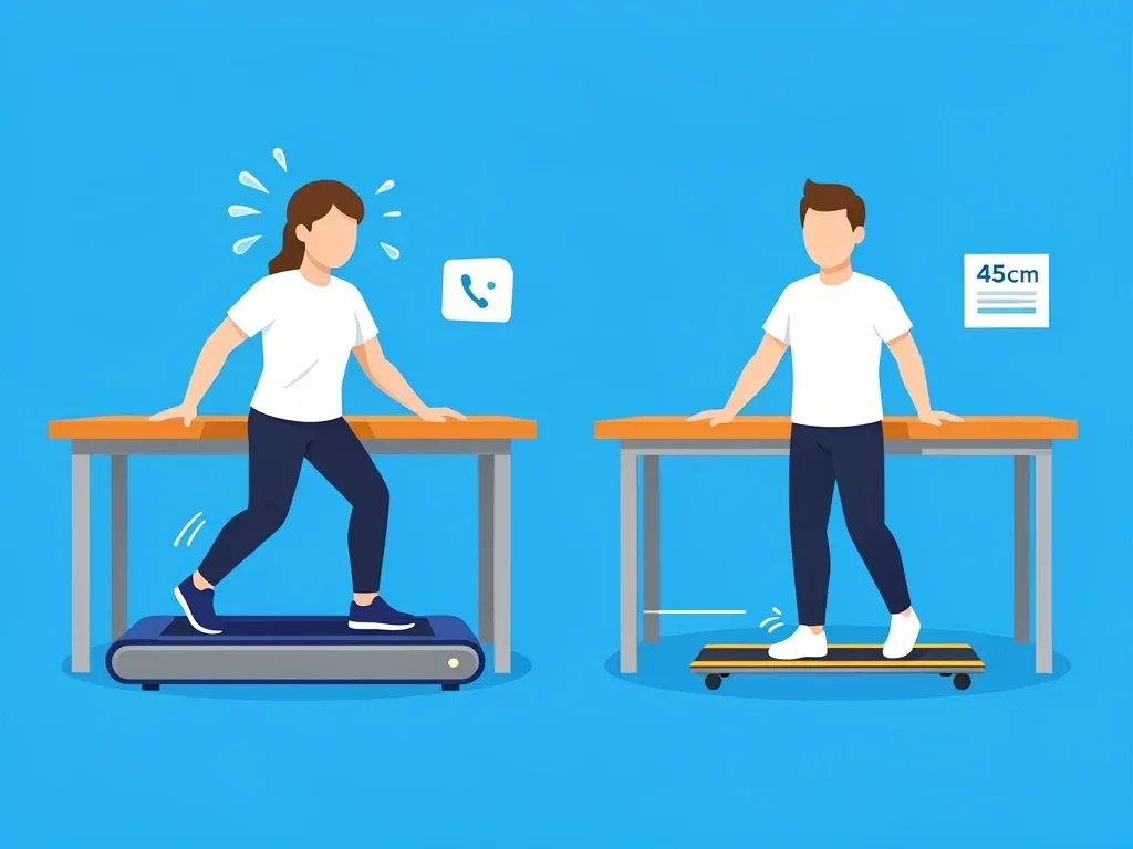 Wider Walking Pads vs Portability Trade-off Comparison of a wide walking pad being hard to move versus a narrower one sliding easily under a desk