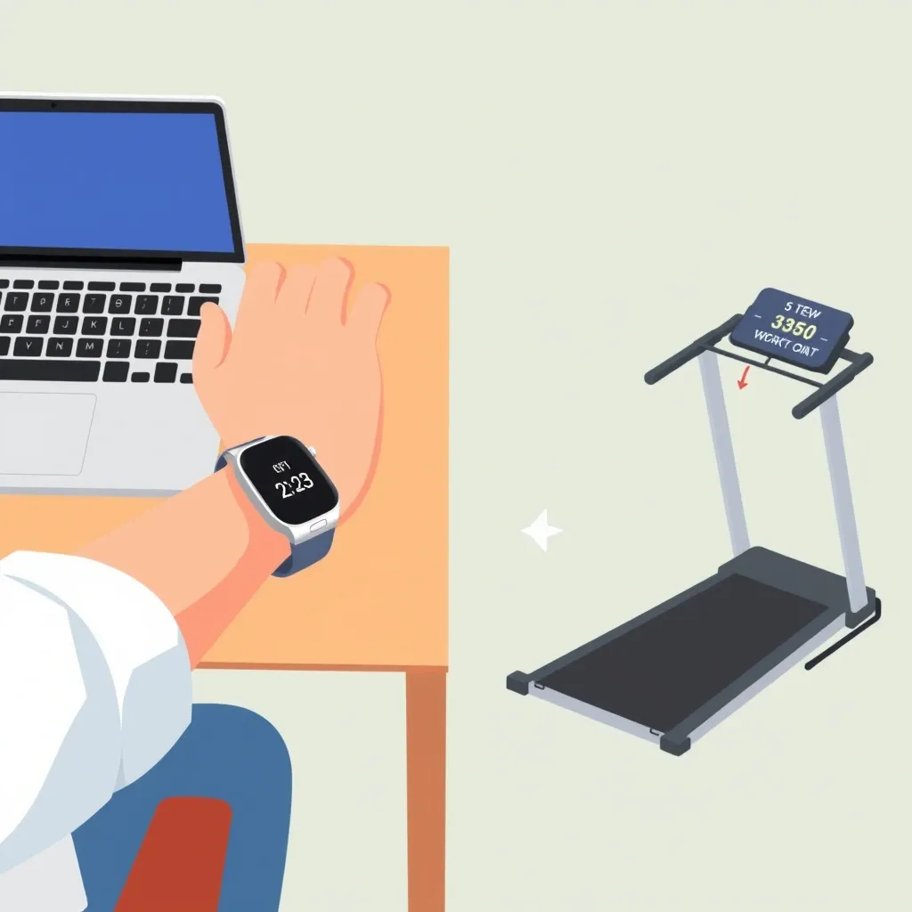 Wrist tracker step counting error on walking pad Illustration showing a smartwatch on a wrist with low step count compared to a walking pad treadmill display with high step count, highlighting step tracking discrepancy