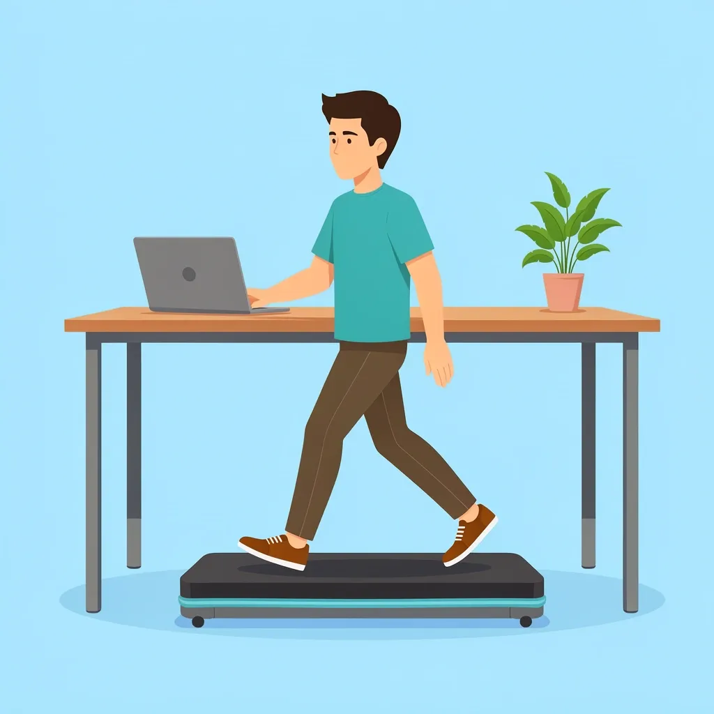 Yagud Walking Pad Under Desk Setup Yagud walking pad placed under a standing desk in a modern office setting