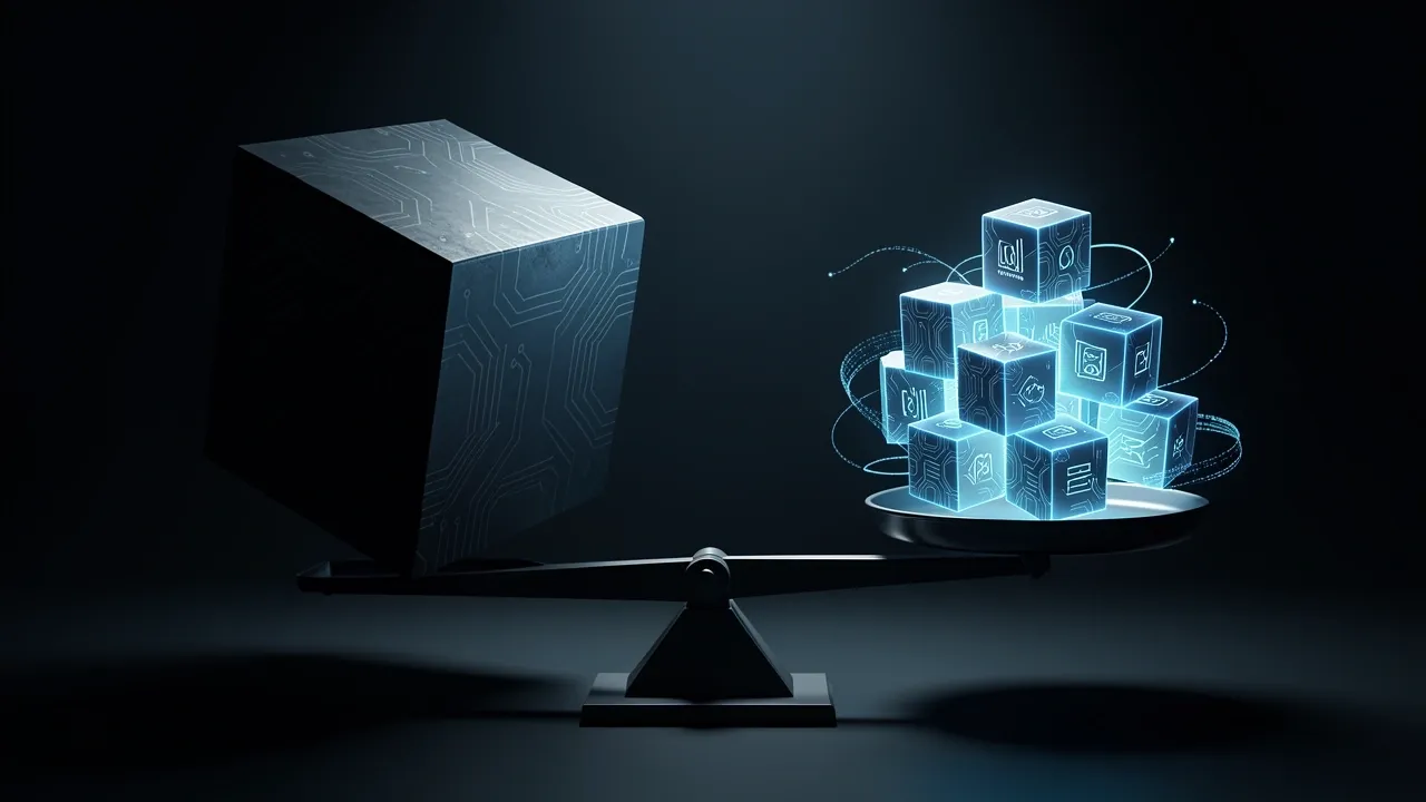 Conceptual illustration showing large expensive AI model contrasted with smaller cost-efficient AI models for startup workflows.