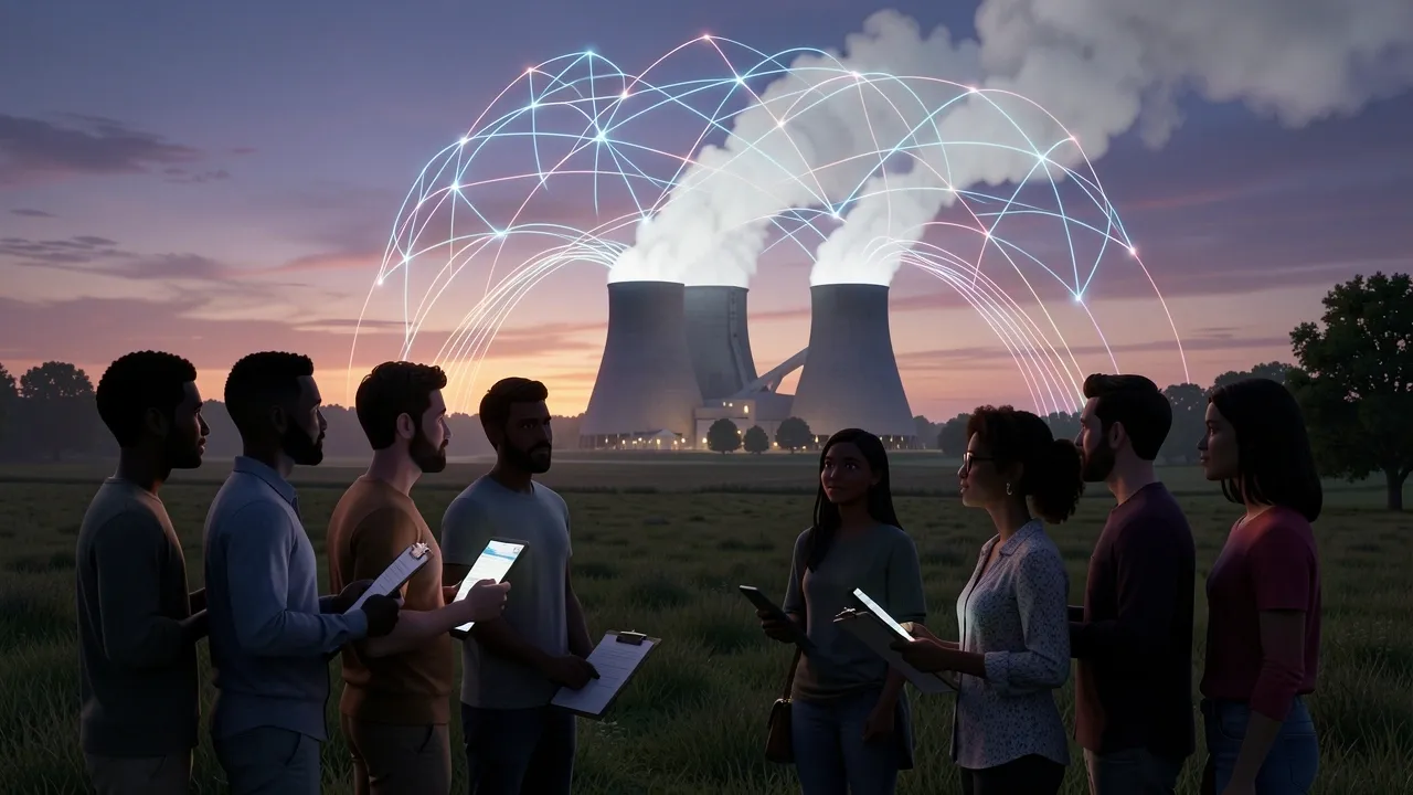 Rural Ohio community members examining a natural gas power plant for AI data centers at dusk.