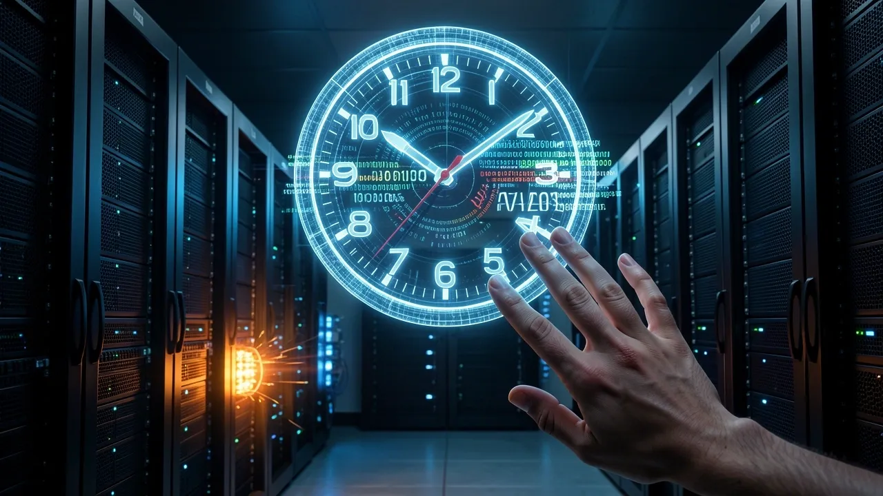 AI clock ticking over server room as human hand reaches toward it symbolizing automation outpacing human security