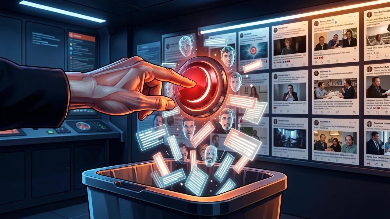 Human hand pressing a red report button on a futuristic interface to flag AI-generated content falling into a trash bin