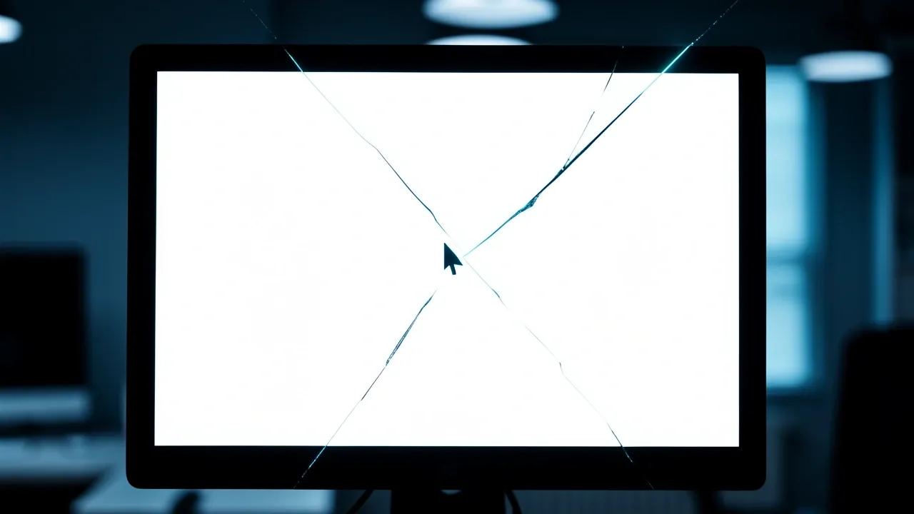 Blank computer screen with blinking cursor and digital crack symbolizing a failed page load error