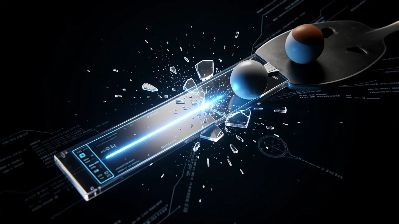 Dramatic 3D render of a glowing energy bar shattered by an arcade paddle and ball, representing AI token quota depletion after a single game-building prompt