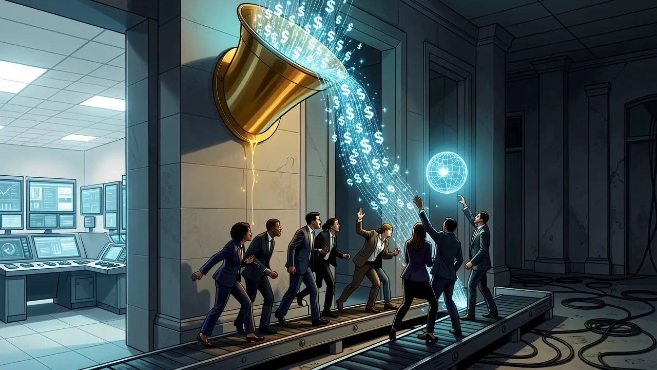 Federal employees struggle to keep pace on a conveyor belt while a brass funnel shows abundant AI implementation funding but only a tiny sustainment drip, symbolizing the funding gap.