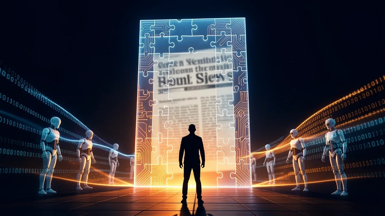 Human silhouette facing digital security gate with puzzle pieces and circuit patterns.