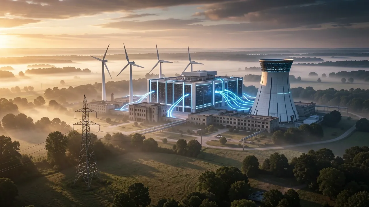 Cinematic 3D render of a massive AI data center powered by new energy infrastructure in rural Ohio