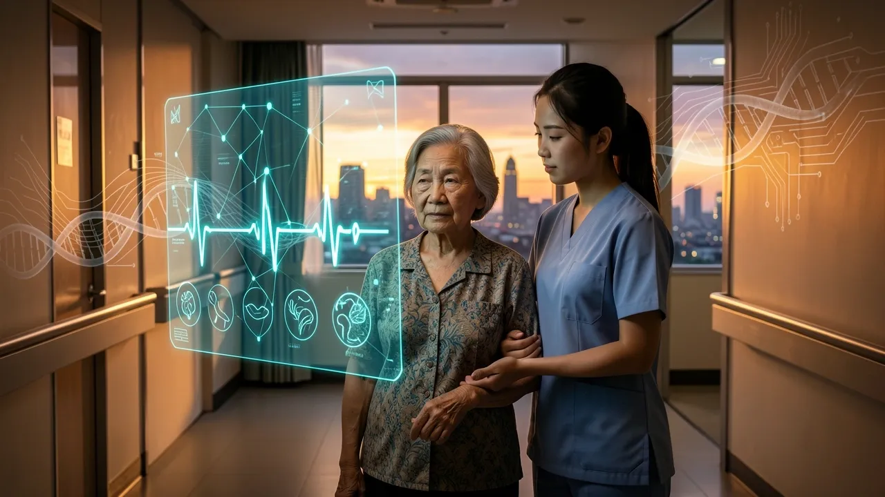 Elderly Thai woman and caregiver interacting with holographic AI healthcare interface in Bangkok hospital