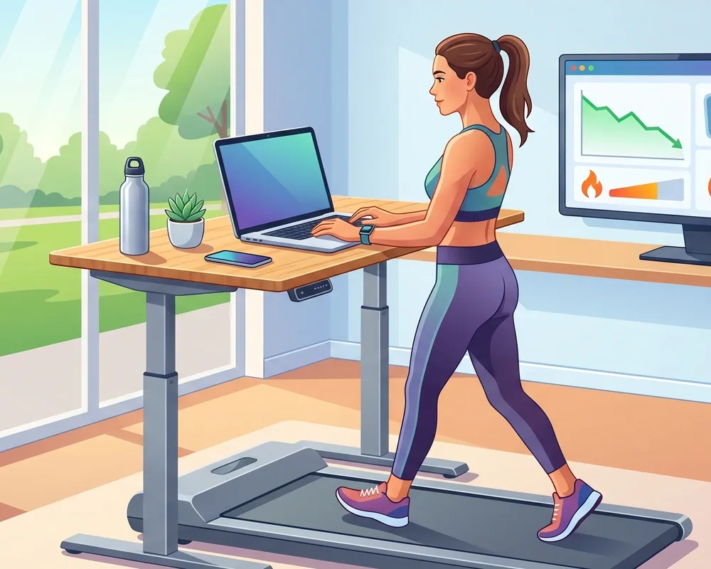 Vector illustration of a woman working on a laptop at a standing desk while using an under-desk treadmill, with a background 