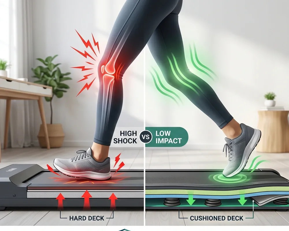 A side-by-side comparison showing how a hard walking pad deck causes high shock to the knee versus a cushioned deck that prov