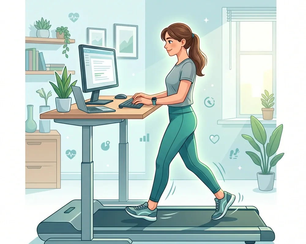 Vector illustration of a woman walking on a walking pad under an adjustable standing desk while comfortably typing on her com