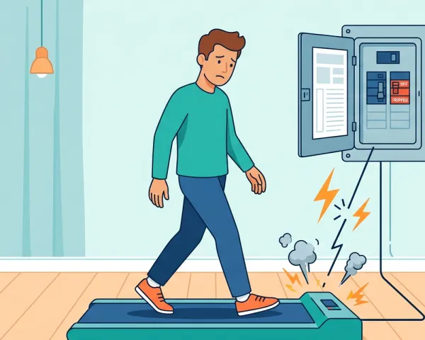 Vector illustration of a frustrated man on a walking pad experiencing an electrical fault, with a wire connecting to a home e