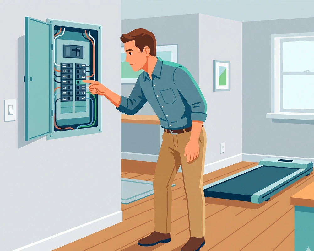 Vector illustration of a man inspecting a home electrical breaker panel to identify the circuit type, with a walking pad visible in the background.