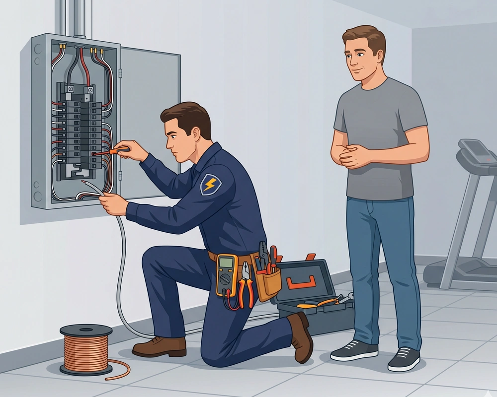 Vector illustration of a professional electrician working on a home breaker panel to install a dedicated wire circuit, while the homeowner observes, with a walking pad in the background.