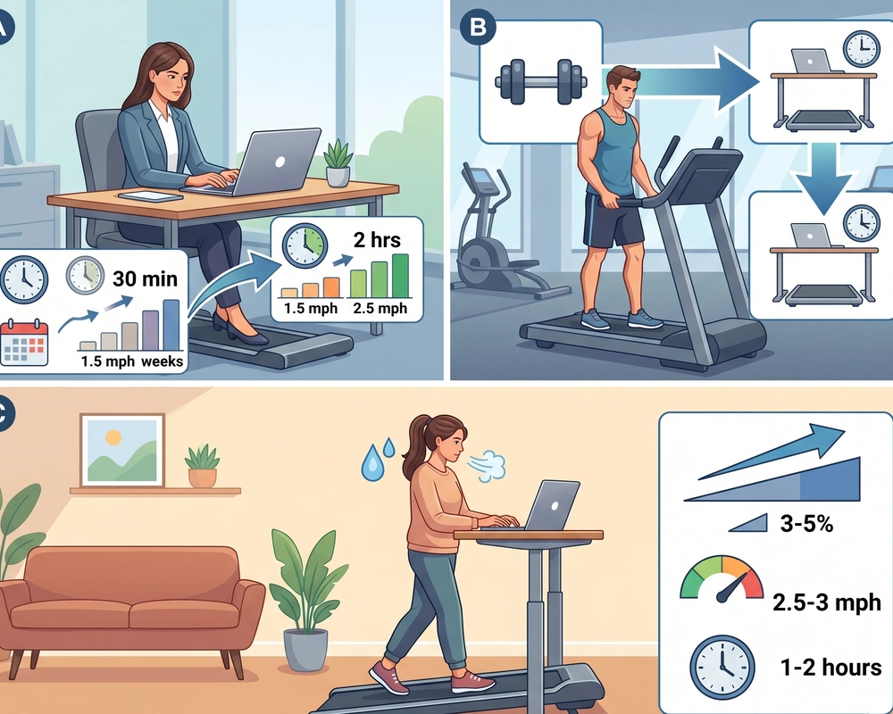 Vector illustration showing three different protocols for how to use a walking pad for weight loss: an incremental routine for office workers, a hybrid active recovery plan for gym-goers, and a higher-intensity incline workout for remote workers.