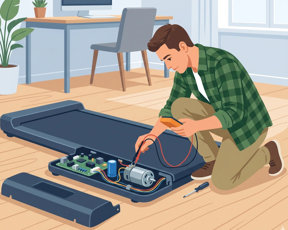 Vector illustration of a man kneeling on the floor using a multimeter to test the exposed internal motor components of a walking pad.