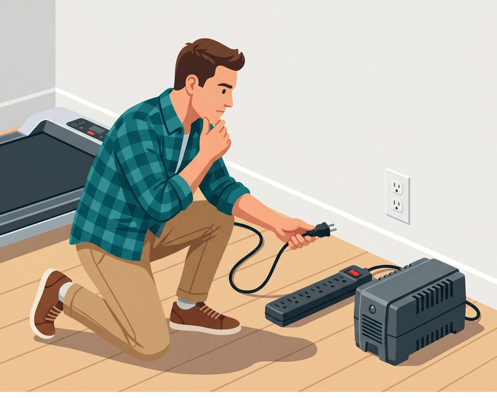 Vector illustration of a man kneeling beside a walking pad, holding a power cord and thoughtfully comparing a standard surge protector power strip with a heavy-duty power conditioner unit on the floor.