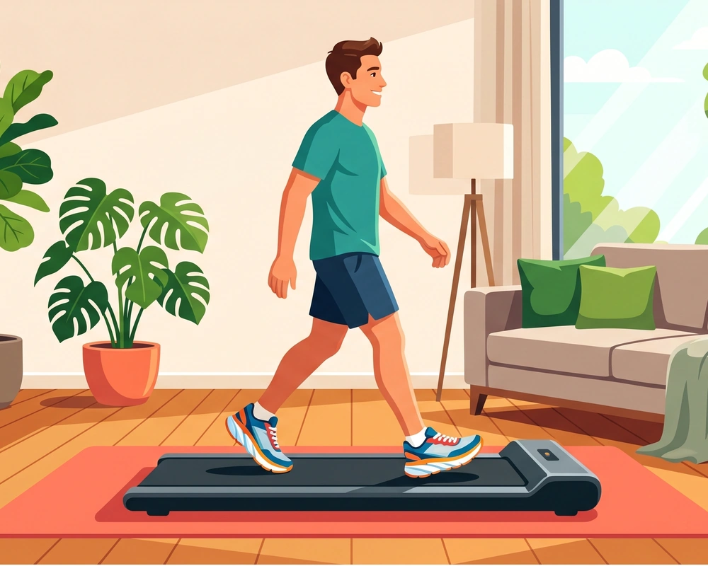 Man wearing supportive running shoes while using a walking pad placed on a thick exercise mat.