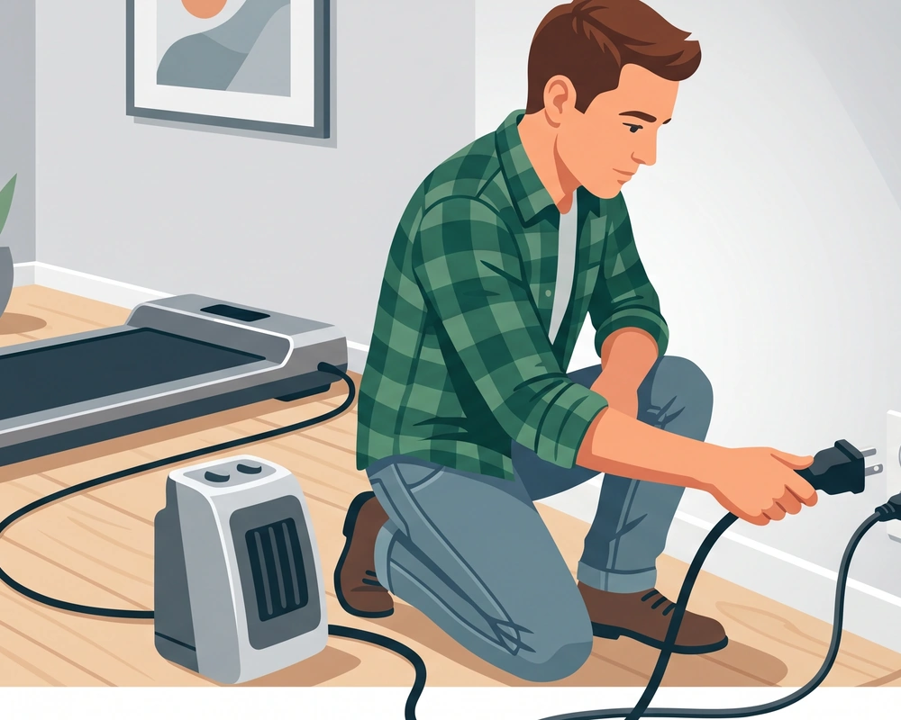 Vector illustration of a man kneeling by a wall outlet, unplugging a space heater to test if a shared electrical circuit is causing his walking pad to trip the breaker.