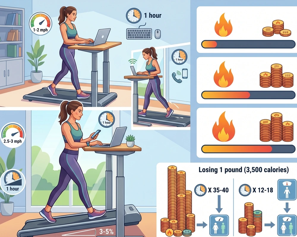 Vector illustration of a woman using a walking pad at a standing desk, featuring infographic elements that compare calorie burn rates at different speeds and inclines, and calculating the hours needed to burn 3,500 calories to lose one pound of fat.